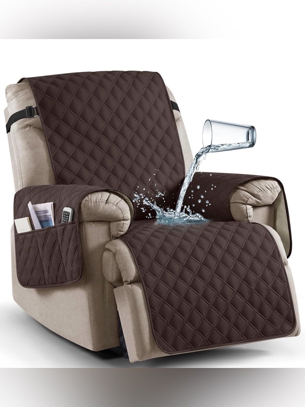 Brown Waterproof Recliner Protector Cover with Side Pockets